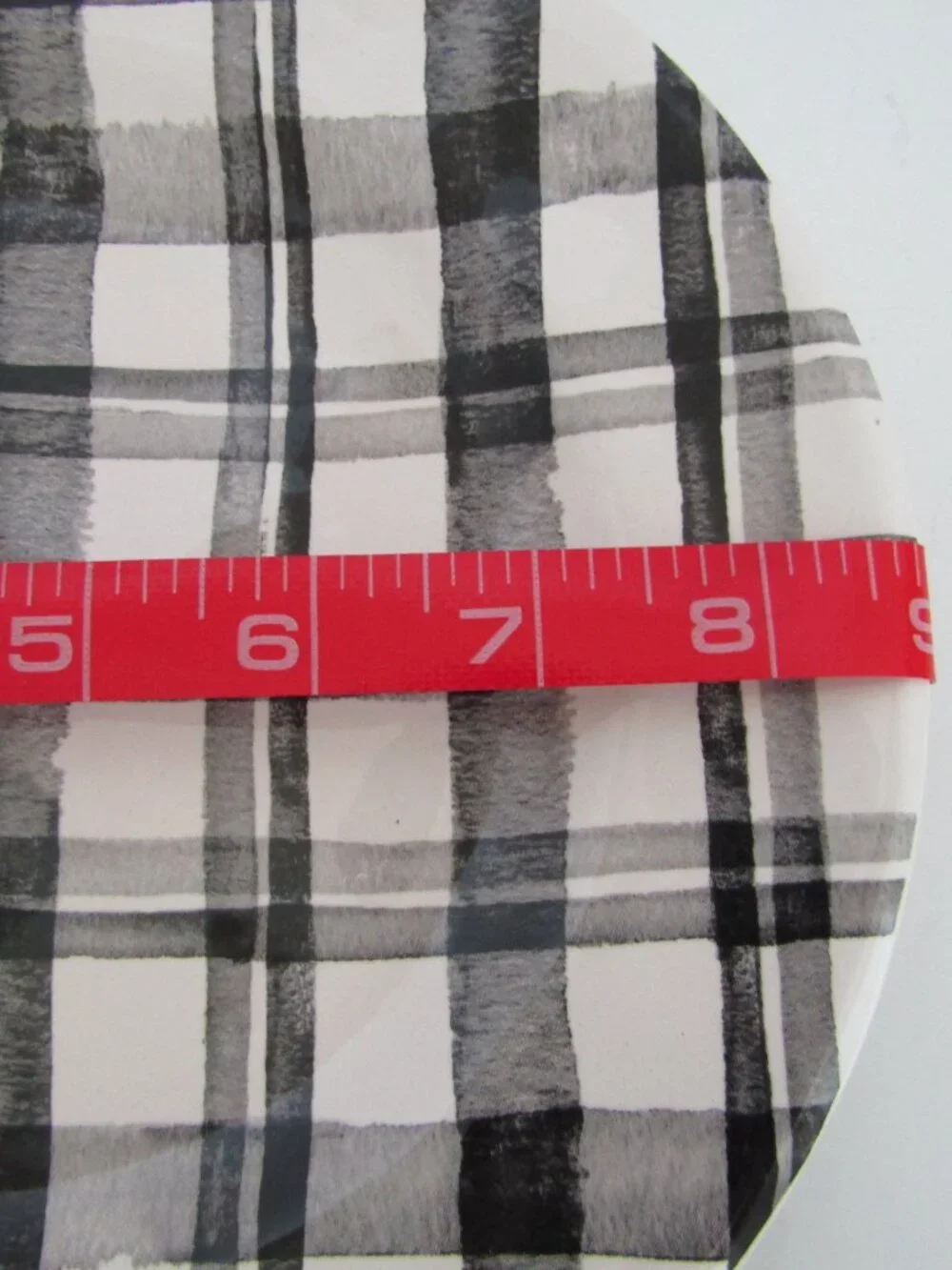 Pier 1 Ironstone plates , Black/Gray/White Plaid, Round Shiny, MW/DS Safe, 8.5